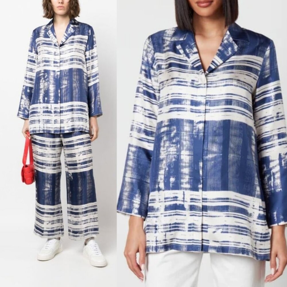 Max Mara Studio Franca Printed 100% Silk Shirt  Blouse Abstract Striped Size 10